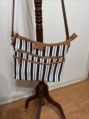 Rossetti Navy and White Striped Crossbody with Tan Trim